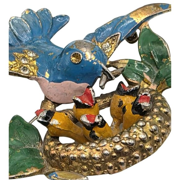 Vintage Fred Gray Blue Bird Brooch Nest Baby Birds Rhinestone Gold-Tone Pin USA - Picture 3 of 14